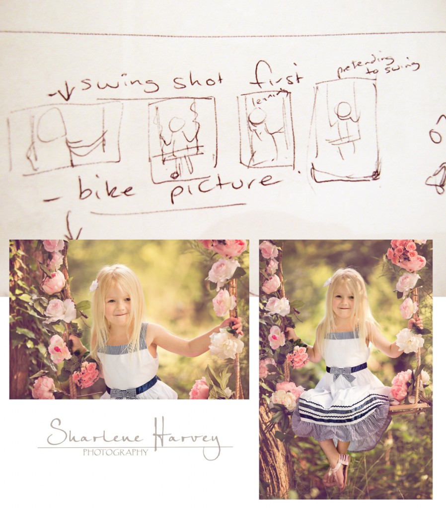 Planning sketches of photograph of girl on swing