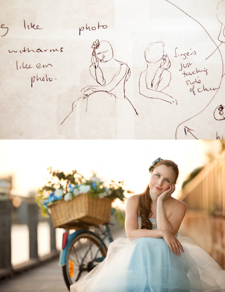 Photograph and sketch of girl sitting by a bike with flowers