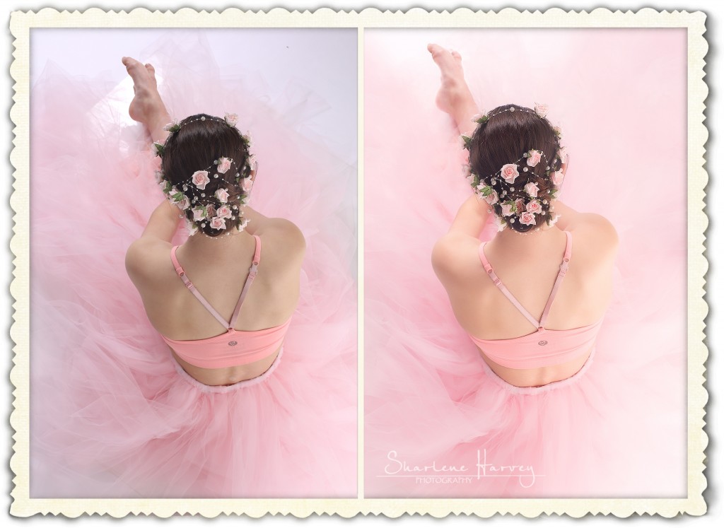 Before and After photo of ballet dancer in pink tutu